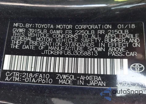 2018 Toyota Prius Two from USA, damaged, VIN JTDKBRFU8J3058813